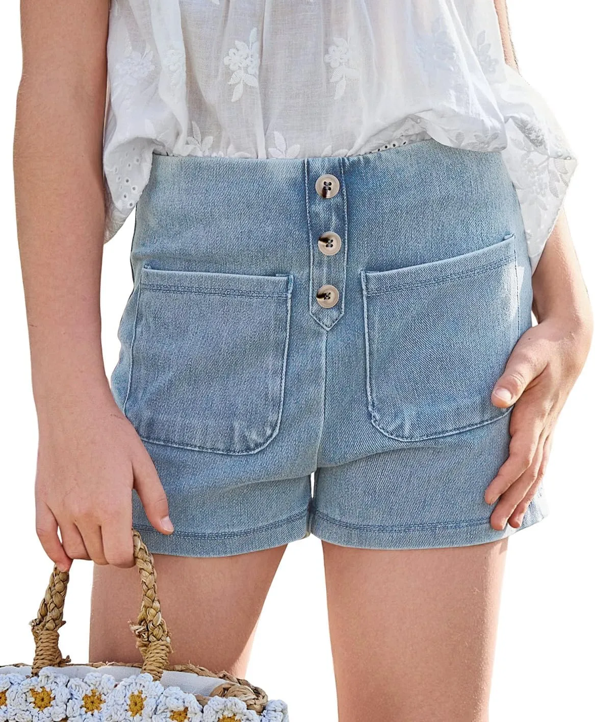 Haloumoning Girls Jean Shorts Kids Cute High Waist Shorts Button Summer Demin Shorts with Pockets 5-14 Years