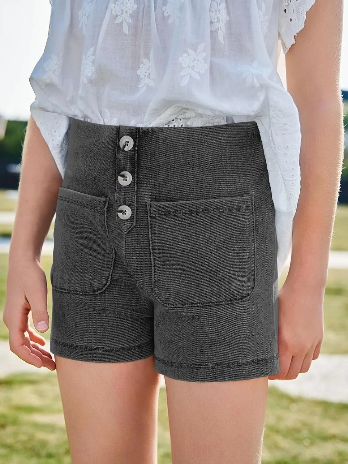Haloumoning Girls Jean Shorts Kids Cute High Waist Shorts Button Summer Demin Shorts with Pockets 5-14 Years