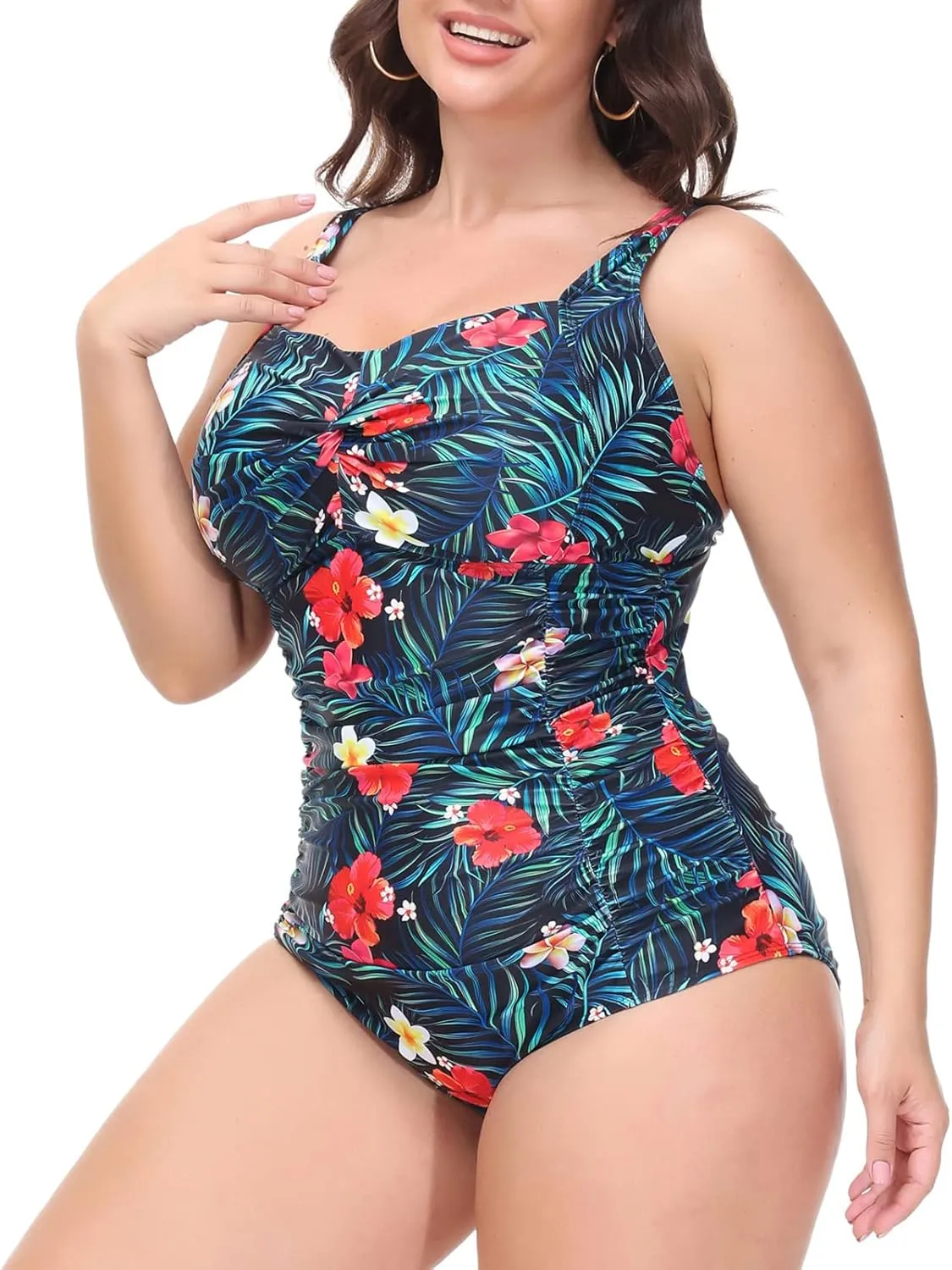 Hanna Nikole Women Plus Size One Piece Swimsuits Tummy Control Bathing Suit Twist Front Ruched Push Up Swimwear