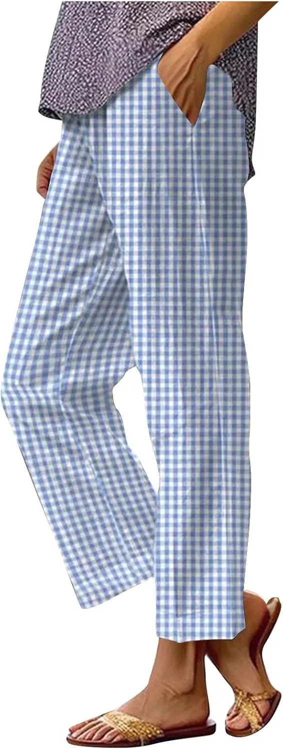 HGps8w Plaid Linen Pants for Women Trendy Loose Elastic Waist Casual Summer Lounge Sweatpants with Pockets