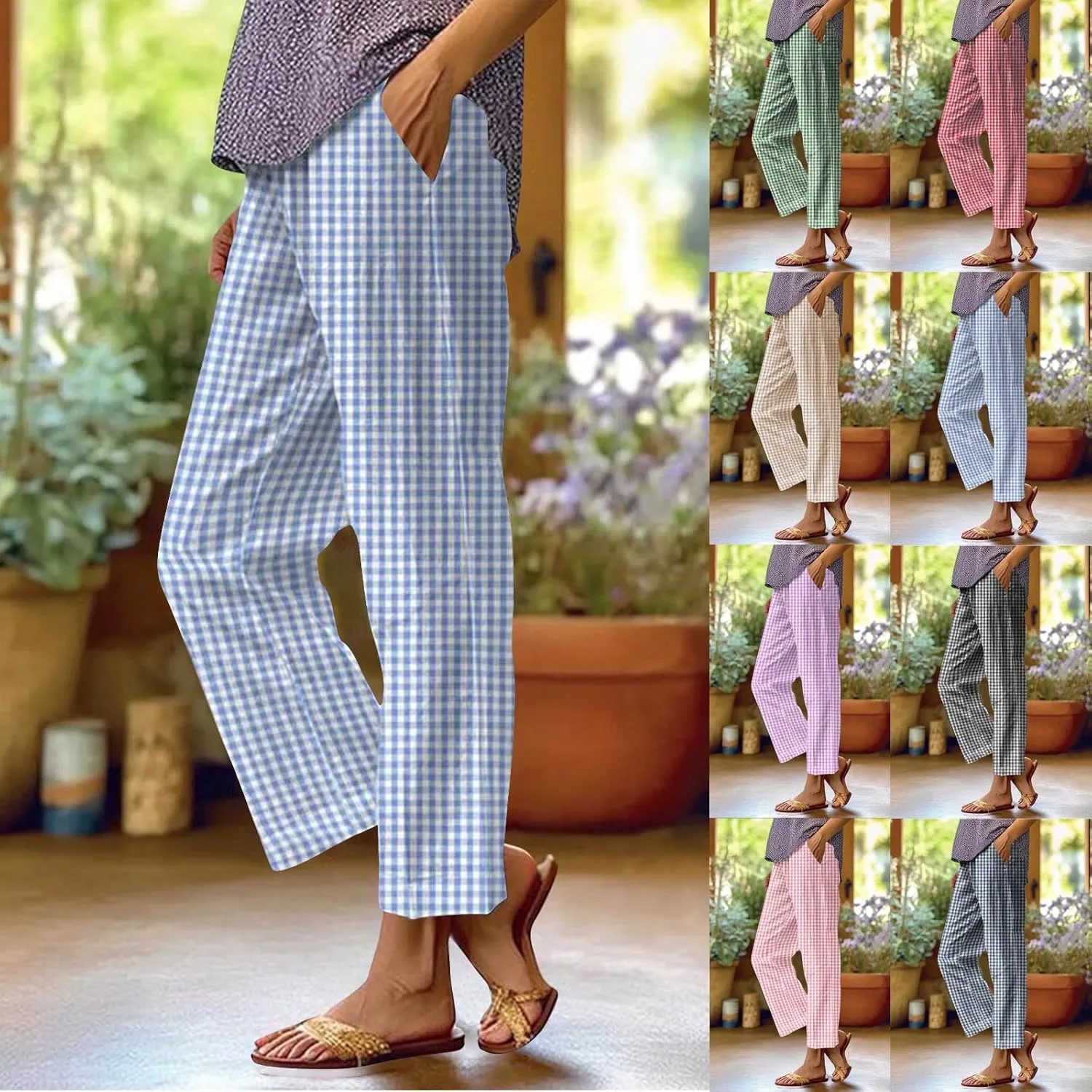 HGps8w Plaid Linen Pants for Women Trendy Loose Elastic Waist Casual Summer Lounge Sweatpants with Pockets