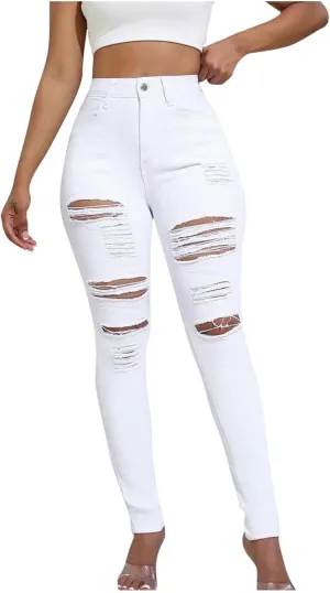 HGps8w Women's Slim Fit Tapered Jeans High Waisted Stretch Ripped Distressed Skinny Denim Pants Butt Lifting Jeggings