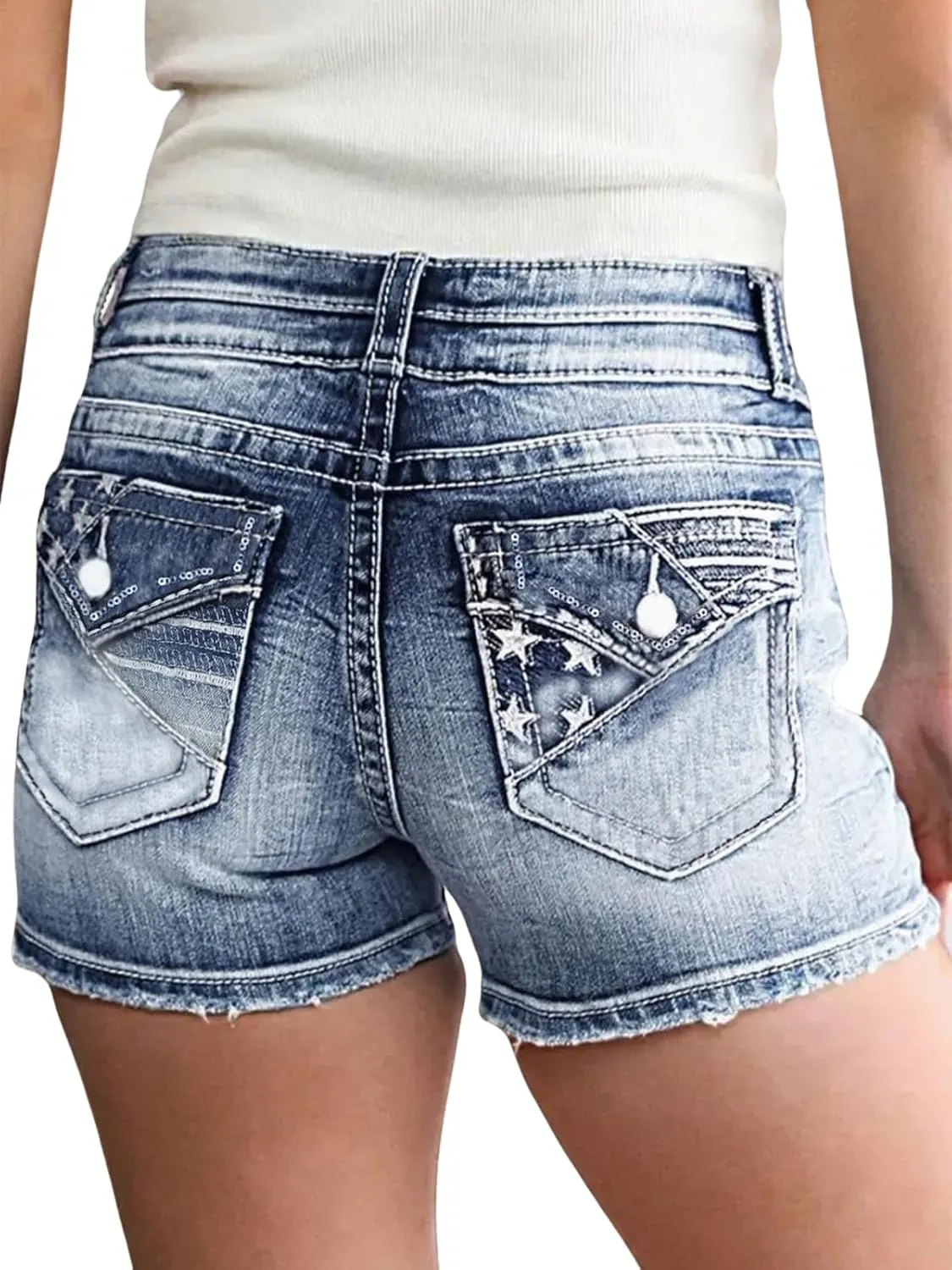 High Waisted Jean Shorts for Women Stretchy Distressed Skinny Denim Shorts Ripped Summer Shorts Embroided Pockets