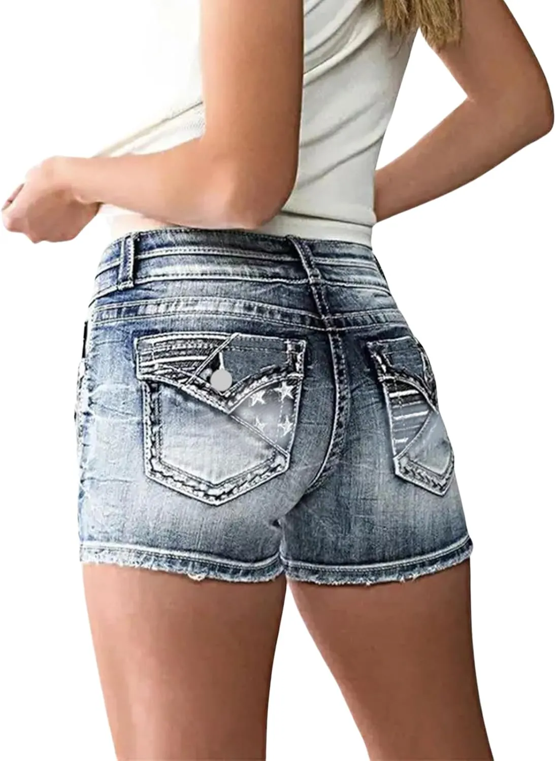 High Waisted Jean Shorts for Women Stretchy Distressed Skinny Denim Shorts Ripped Summer Shorts Embroided Pockets