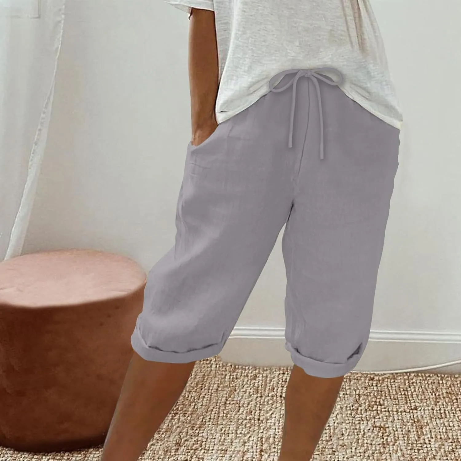 hlysgo Linen Shorts for Women Knee Length Bermuda Shorts 2025 Summer High Waist Drawstring Casual Beach Shorts with Pockets