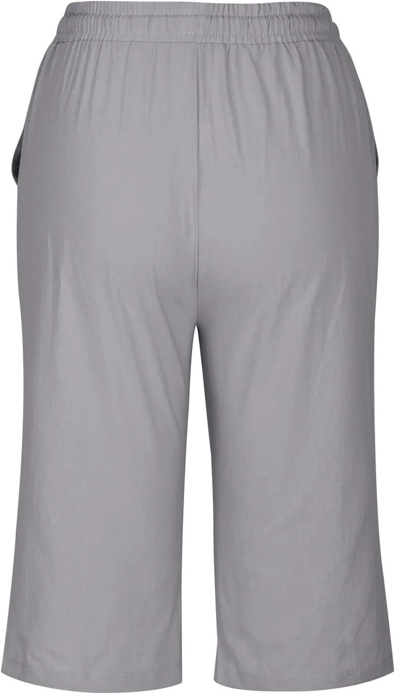 hlysgo Linen Shorts for Women Knee Length Bermuda Shorts 2025 Summer High Waist Drawstring Casual Beach Shorts with Pockets