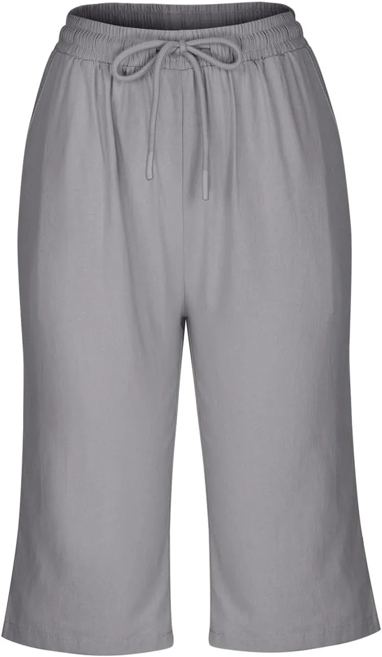 hlysgo Linen Shorts for Women Knee Length Bermuda Shorts 2025 Summer High Waist Drawstring Casual Beach Shorts with Pockets