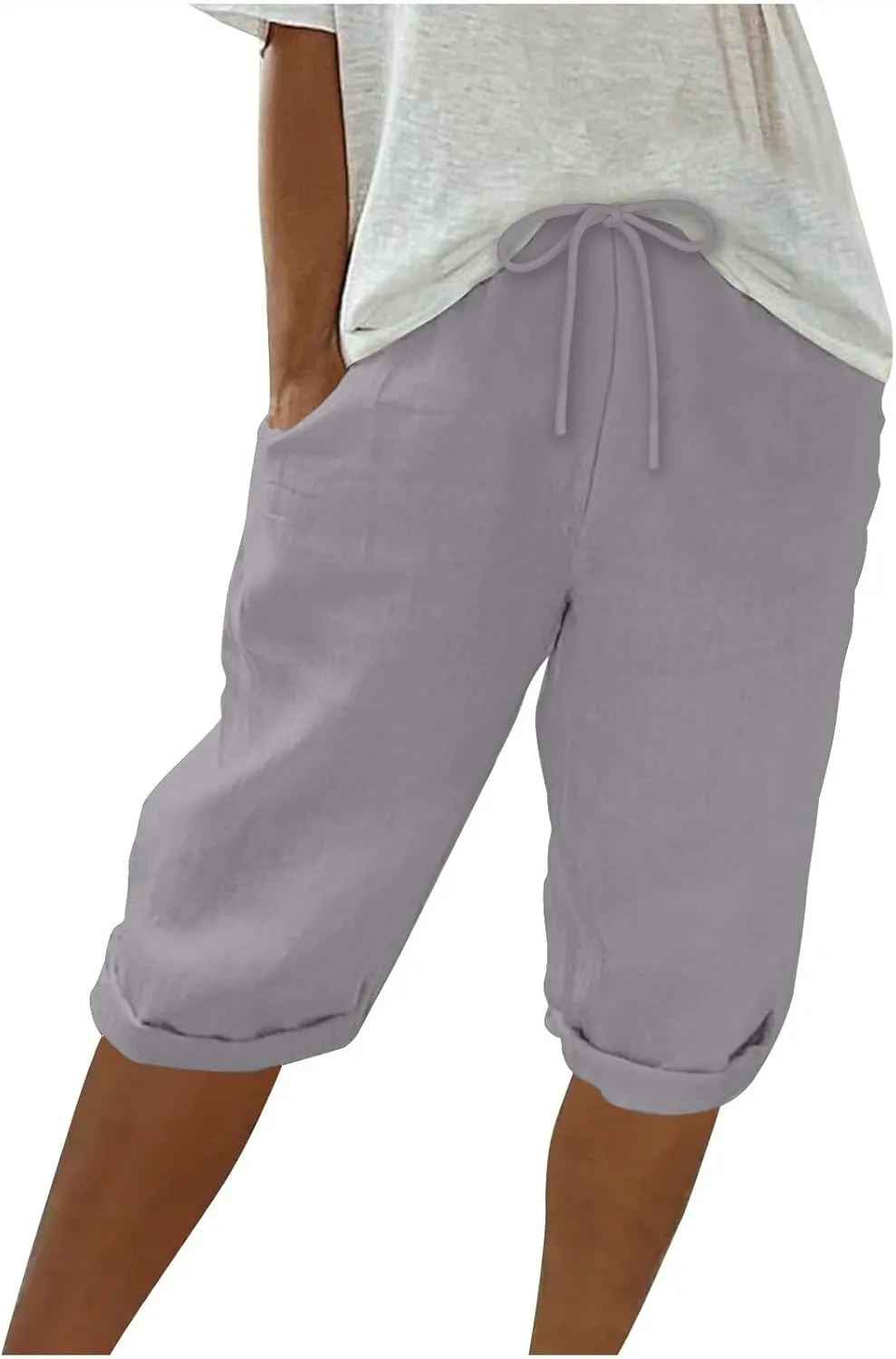hlysgo Linen Shorts for Women Knee Length Bermuda Shorts 2025 Summer High Waist Drawstring Casual Beach Shorts with Pockets