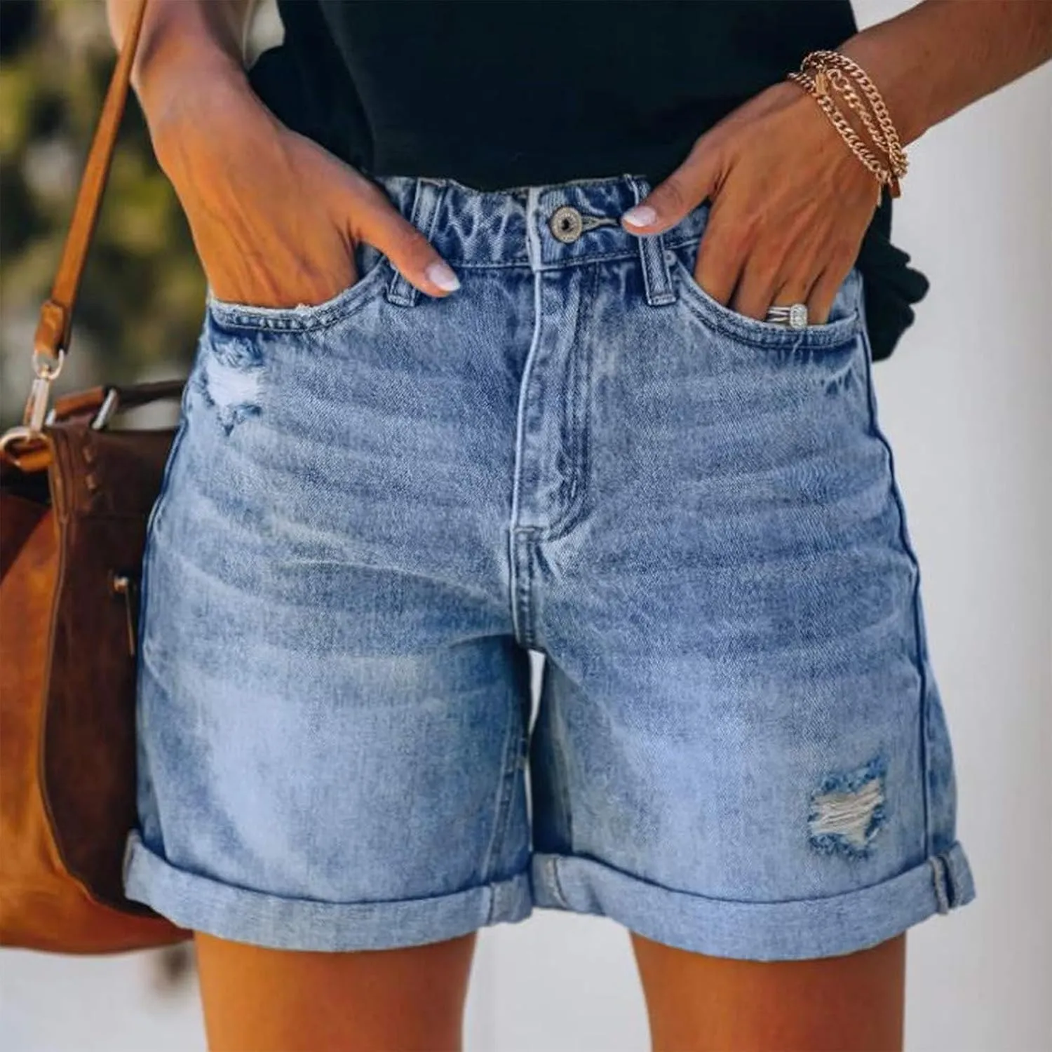 Jean Shorts Womens High Waisted Plus Size Denim Shorts with Pockets Summer Comfy Ripped Rolled Hem Beach Short Jeans
