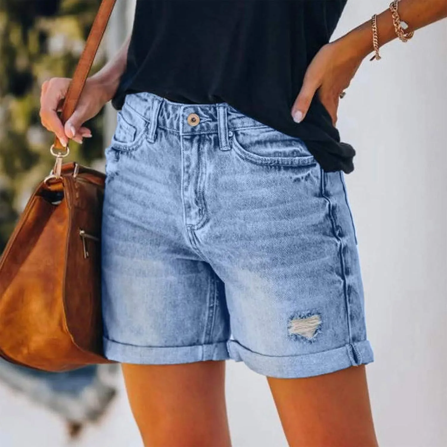 Jean Shorts Womens High Waisted Plus Size Denim Shorts with Pockets Summer Comfy Ripped Rolled Hem Beach Short Jeans