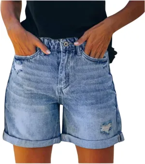 Jean Shorts Womens High Waisted Plus Size Denim Shorts with Pockets Summer Comfy Ripped Rolled Hem Beach Short Jeans