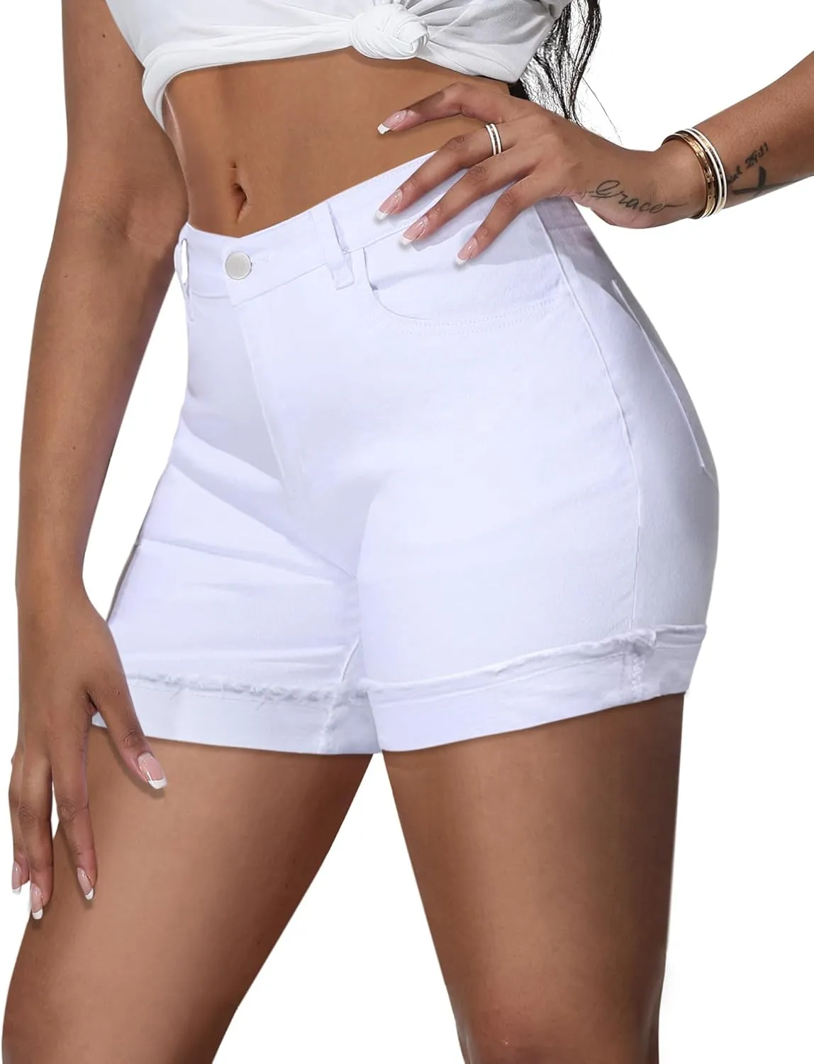Jean Shorts Womens High Waisted Stretchy Slim Fit Distressed Denim Shorts