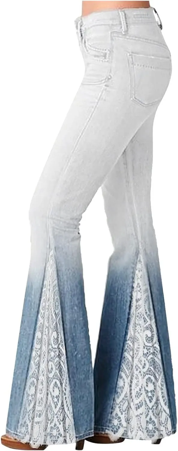 Jeans for Women Trendy Gradient Bell Bottom Jeans Casual High Waisted Lace Flared Jean Skinny Denim Pants