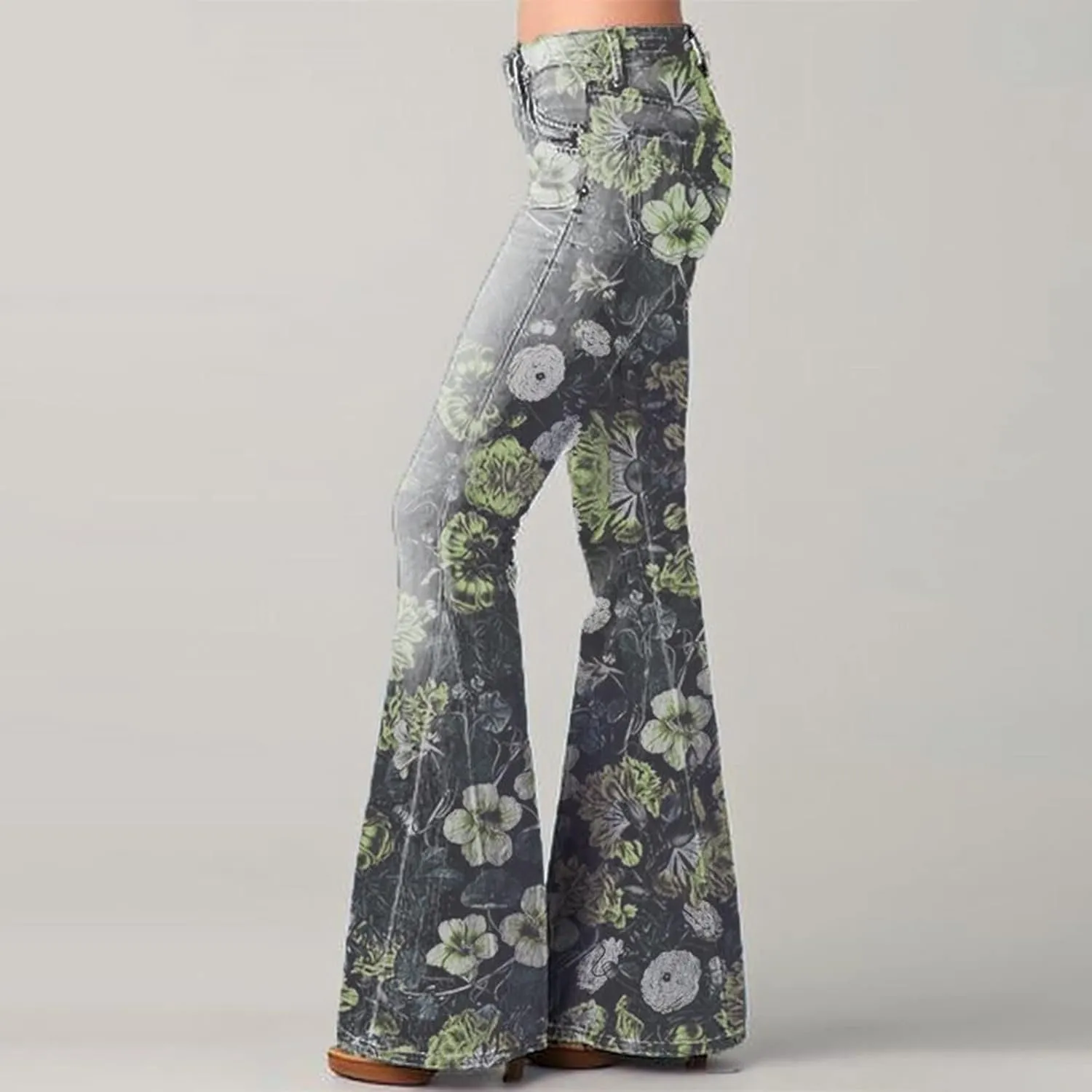 Jeans for Women Trendy Gradient Bell Bottom Jeans Casual High Waisted Lace Flared Jean Skinny Denim Pants