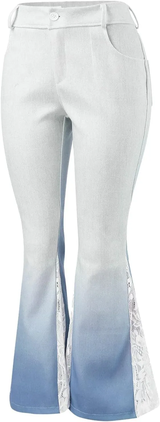 Jeans for Women Trendy Gradient Bell Bottom Jeans Casual High Waisted Lace Flared Jean Skinny Denim Pants