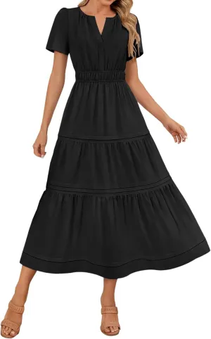 JOAU Women's 2025 Summer Boho Maxi Dress Notched V Neck Short Sleeve Flowy A Line Tiered Ruffle Beach Vacation Long Dresses