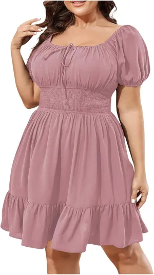 JOAU Womens Plus Size Short Puff Sleeve Square Neck Dress Smocked Elastic High Waist Summer Ruffle Hem Pleated A-line Dresses