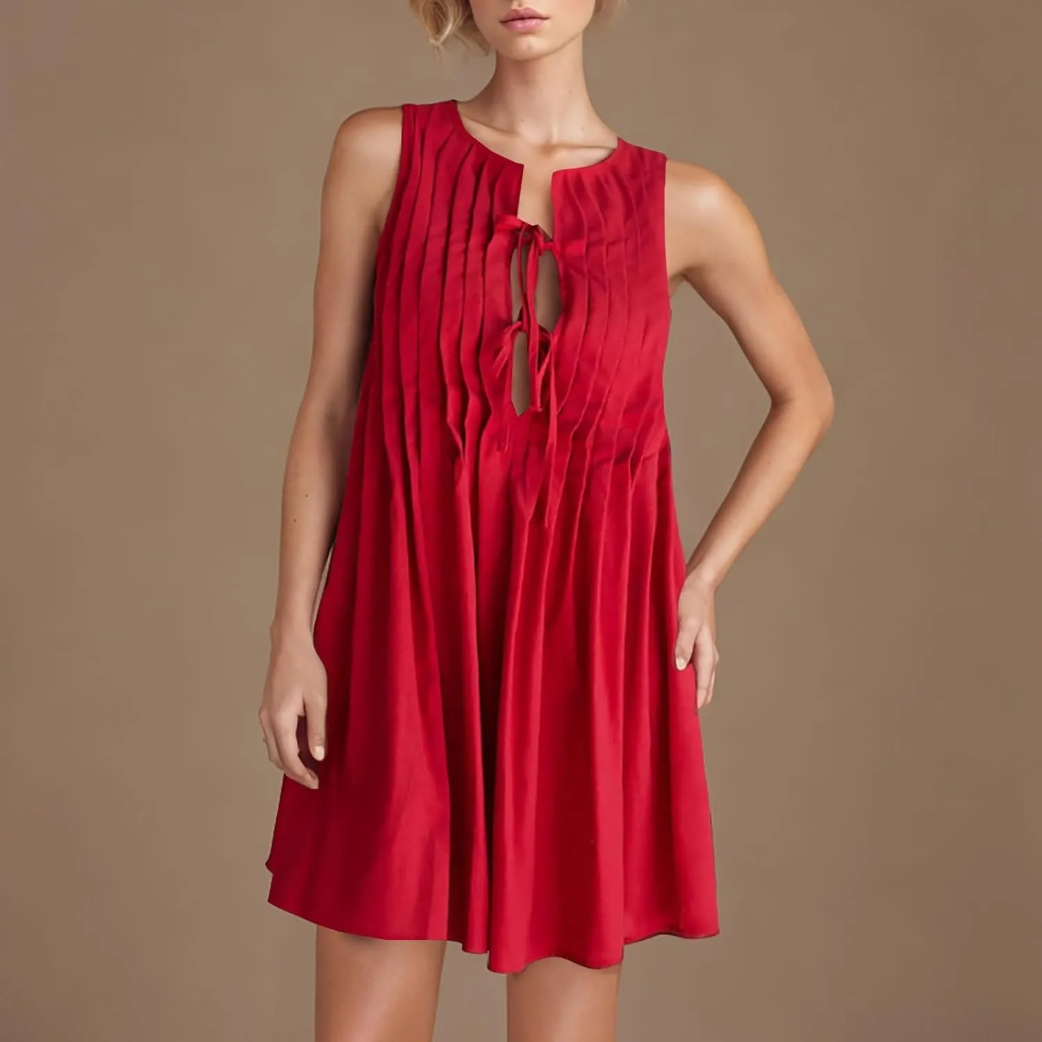 JOAU Womens Tie Front Mini Tank Dress Casual Bow Sleeveless Pleated Summer Loose Babydoll Dresses A-Line Beach Short Sundress