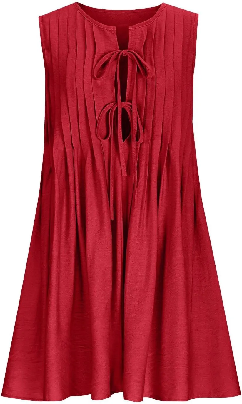 JOAU Womens Tie Front Mini Tank Dress Casual Bow Sleeveless Pleated Summer Loose Babydoll Dresses A-Line Beach Short Sundress