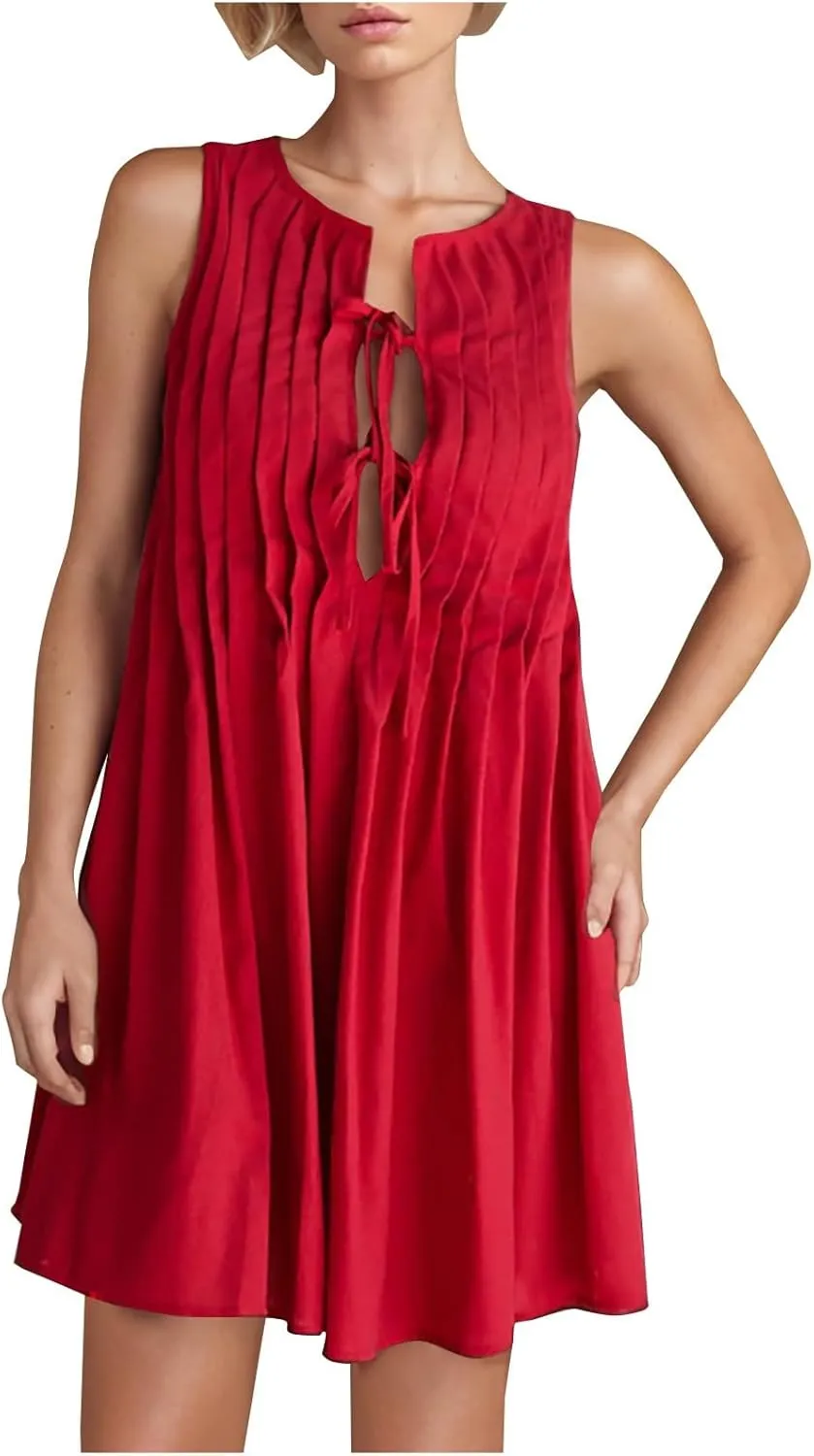JOAU Womens Tie Front Mini Tank Dress Casual Bow Sleeveless Pleated Summer Loose Babydoll Dresses A-Line Beach Short Sundress
