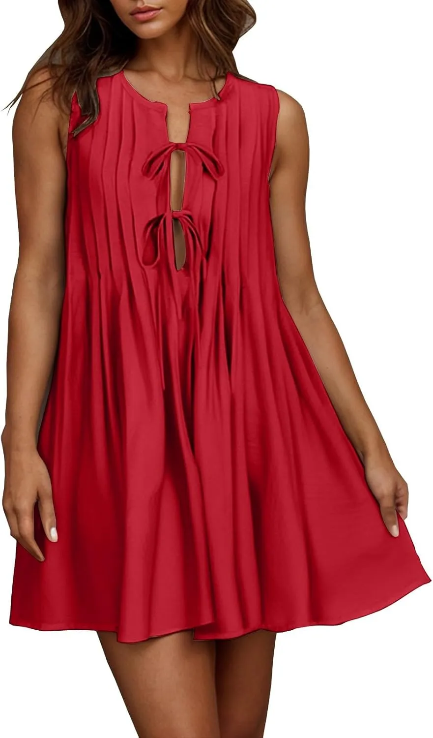 JOAU Womens Tie Front Mini Tank Dress Casual Bow Sleeveless Pleated Summer Loose Babydoll Dresses A-Line Beach Short Sundress