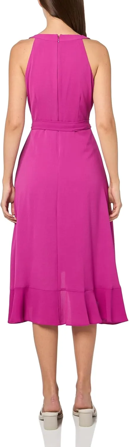 kensie Women's Sleeveless Ruffle Trim Faux Wrap Midi Dress