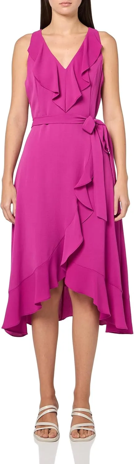 kensie Women's Sleeveless Ruffle Trim Faux Wrap Midi Dress