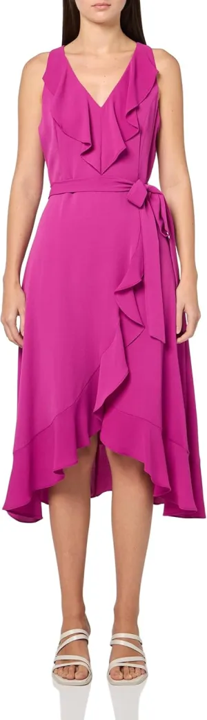 kensie Women's Sleeveless Ruffle Trim Faux Wrap Midi Dress