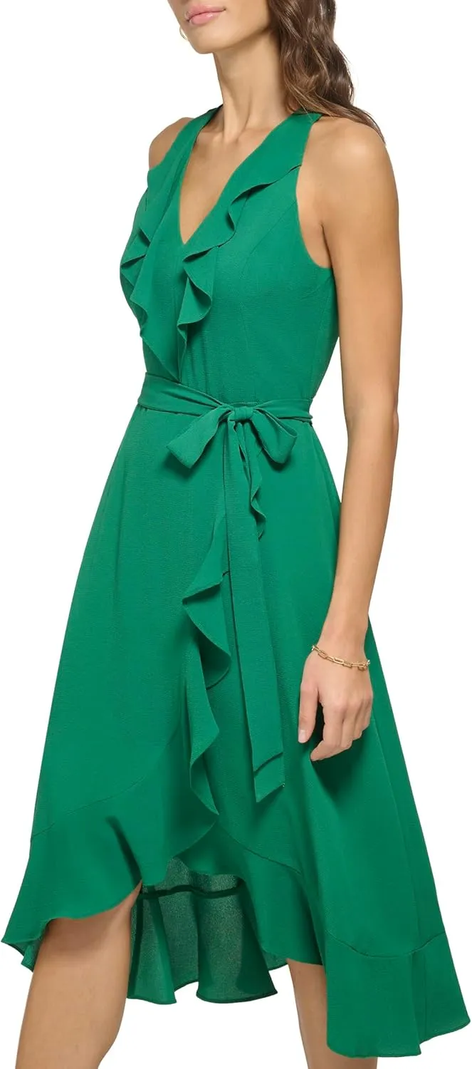 kensie Women's Sleeveless Ruffle Trim Faux Wrap Midi Dress