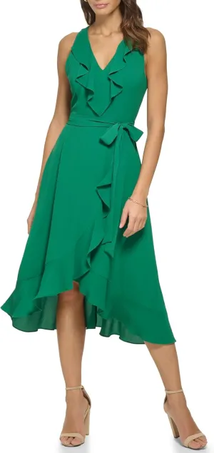 kensie Women's Sleeveless Ruffle Trim Faux Wrap Midi Dress