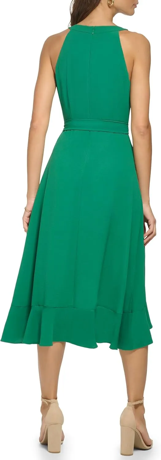 kensie Women's Sleeveless Ruffle Trim Faux Wrap Midi Dress