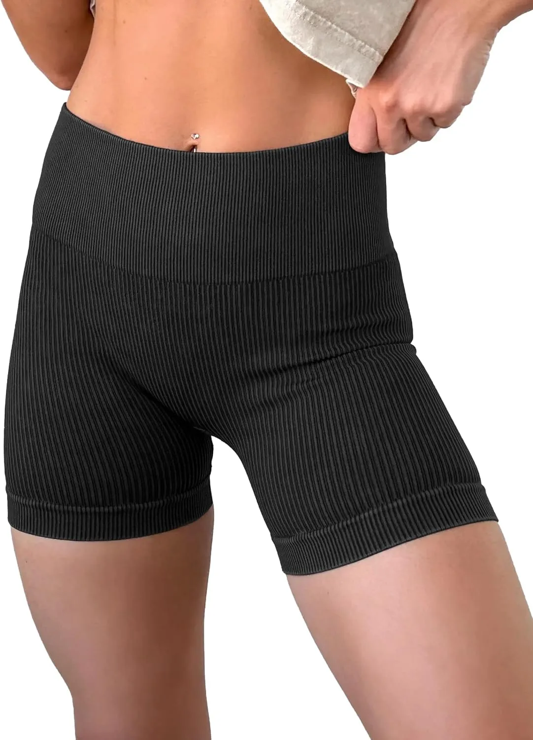 KINLONSAIR Women's High Waist Yoga Workout Impact Shorts Ribbed Seamless Workout Athletic Legging Shorts