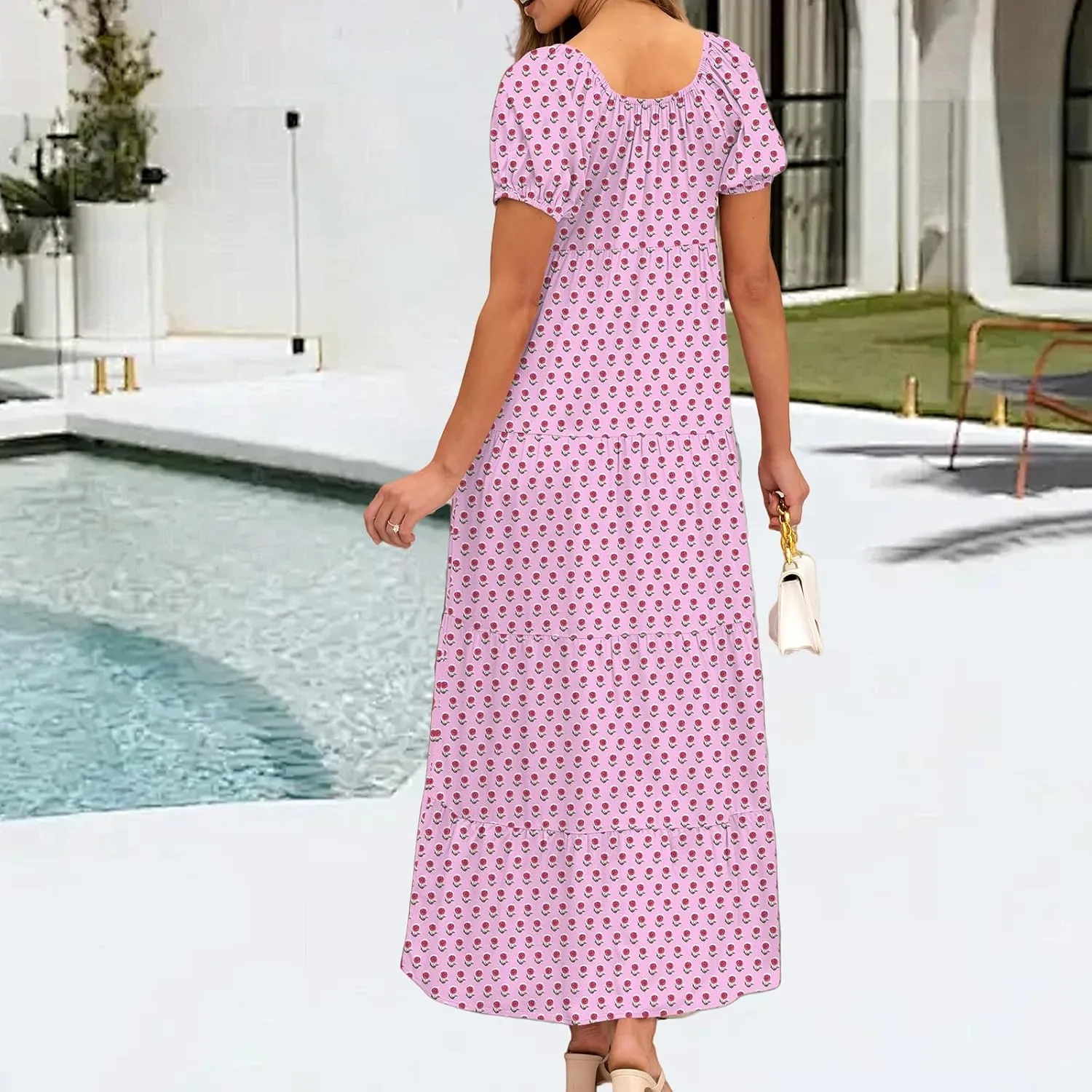Kubbon Boho Maxi Dresses for Women Short Sleeve Tie Front Flowy Dress Casual Floral Printed Swing Tiered A Line Dresses