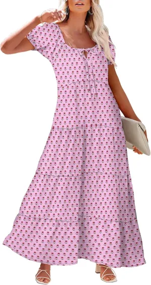 Kubbon Boho Maxi Dresses for Women Short Sleeve Tie Front Flowy Dress Casual Floral Printed Swing Tiered A Line Dresses