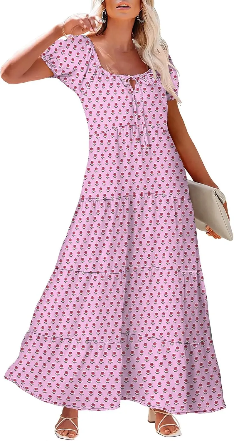 Kubbon Boho Maxi Dresses for Women Short Sleeve Tie Front Flowy Dress Casual Floral Printed Swing Tiered A Line Dresses