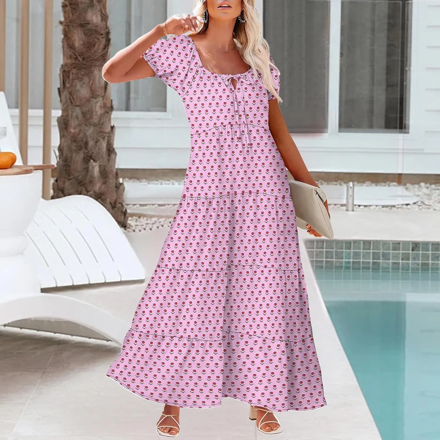 Kubbon Boho Maxi Dresses for Women Short Sleeve Tie Front Flowy Dress Casual Floral Printed Swing Tiered A Line Dresses