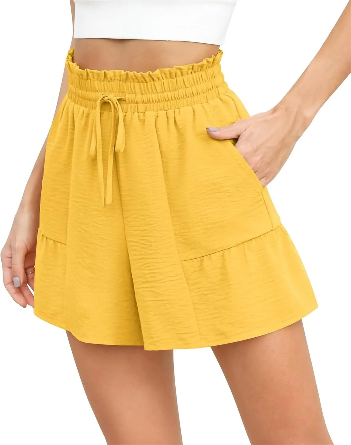 Kubbon Flowy Shorts for Women High Waisted Wide Leg Shorts Casual Ruffle Adjustable Tie Knot Capri Pants with Pockets
