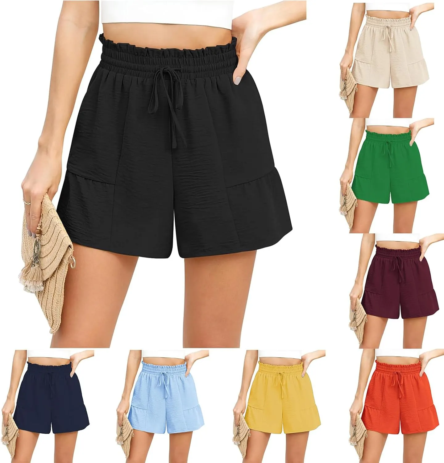 Kubbon Flowy Shorts for Women High Waisted Wide Leg Shorts Casual Ruffle Adjustable Tie Knot Capri Pants with Pockets