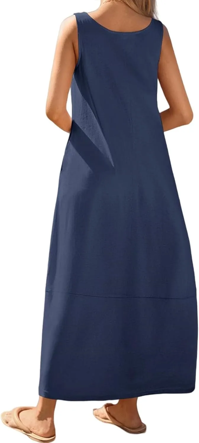 Kubbon Summer Maxi Dresses for Women Scoop Neck Sleeveless Tank Dress Casual Loose Flowy A Line Sundress with Pockets
