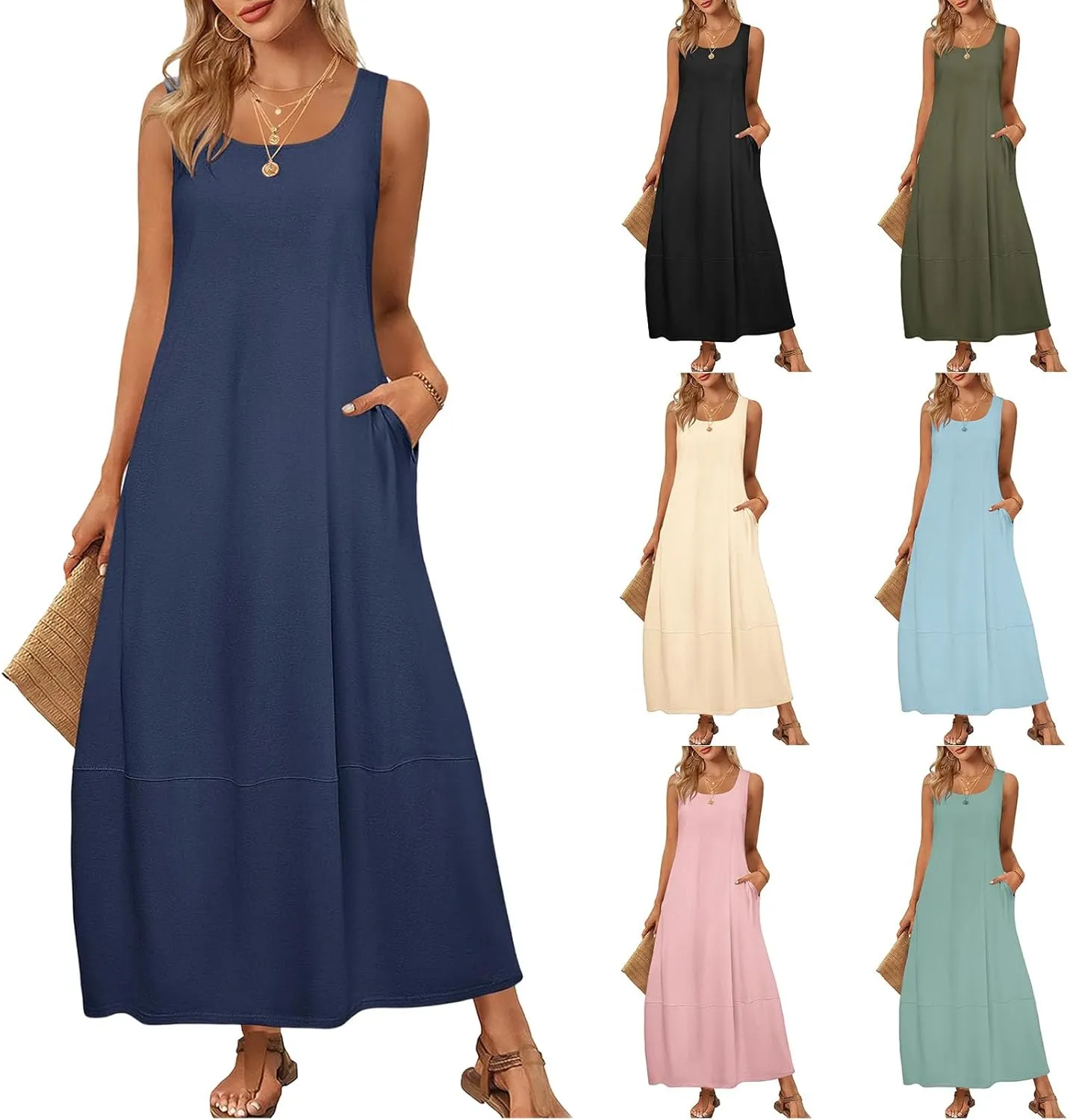 Kubbon Summer Maxi Dresses for Women Scoop Neck Sleeveless Tank Dress Casual Loose Flowy A Line Sundress with Pockets
