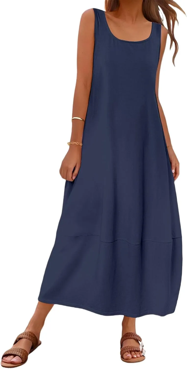 Kubbon Summer Maxi Dresses for Women Scoop Neck Sleeveless Tank Dress Casual Loose Flowy A Line Sundress with Pockets