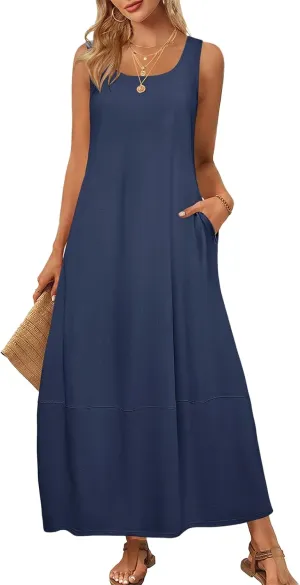 Kubbon Summer Maxi Dresses for Women Scoop Neck Sleeveless Tank Dress Casual Loose Flowy A Line Sundress with Pockets