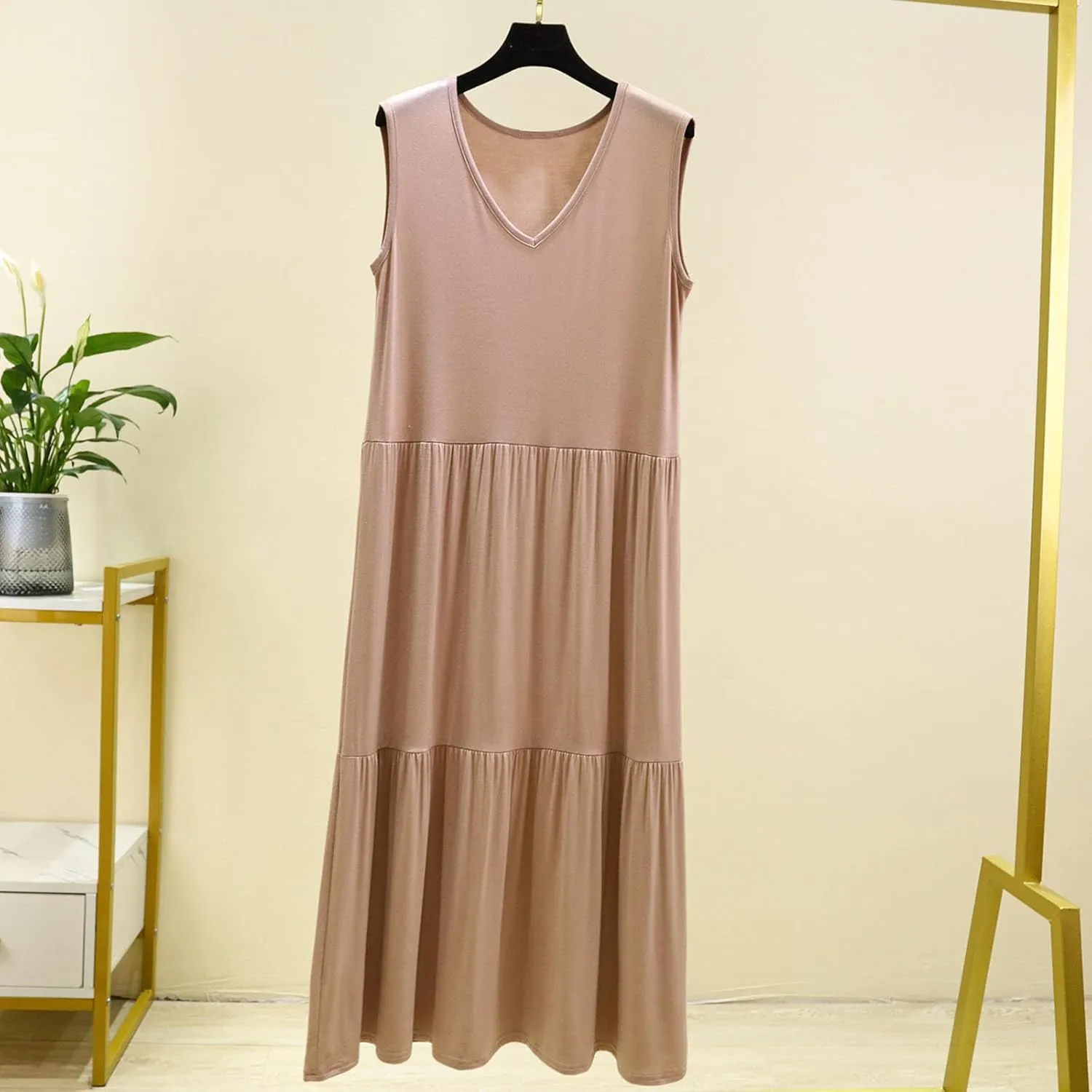 LEMONONSTORE 2025 Fashion Pleated Summer Dresses Women Sleeveless Cotton Linen Maxi Dress Plain V Neck Casual Beach Sundress