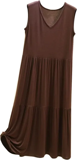 LEMONONSTORE 2025 Fashion Pleated Summer Dresses Women Sleeveless Cotton Linen Maxi Dress Plain V Neck Casual Beach Sundress