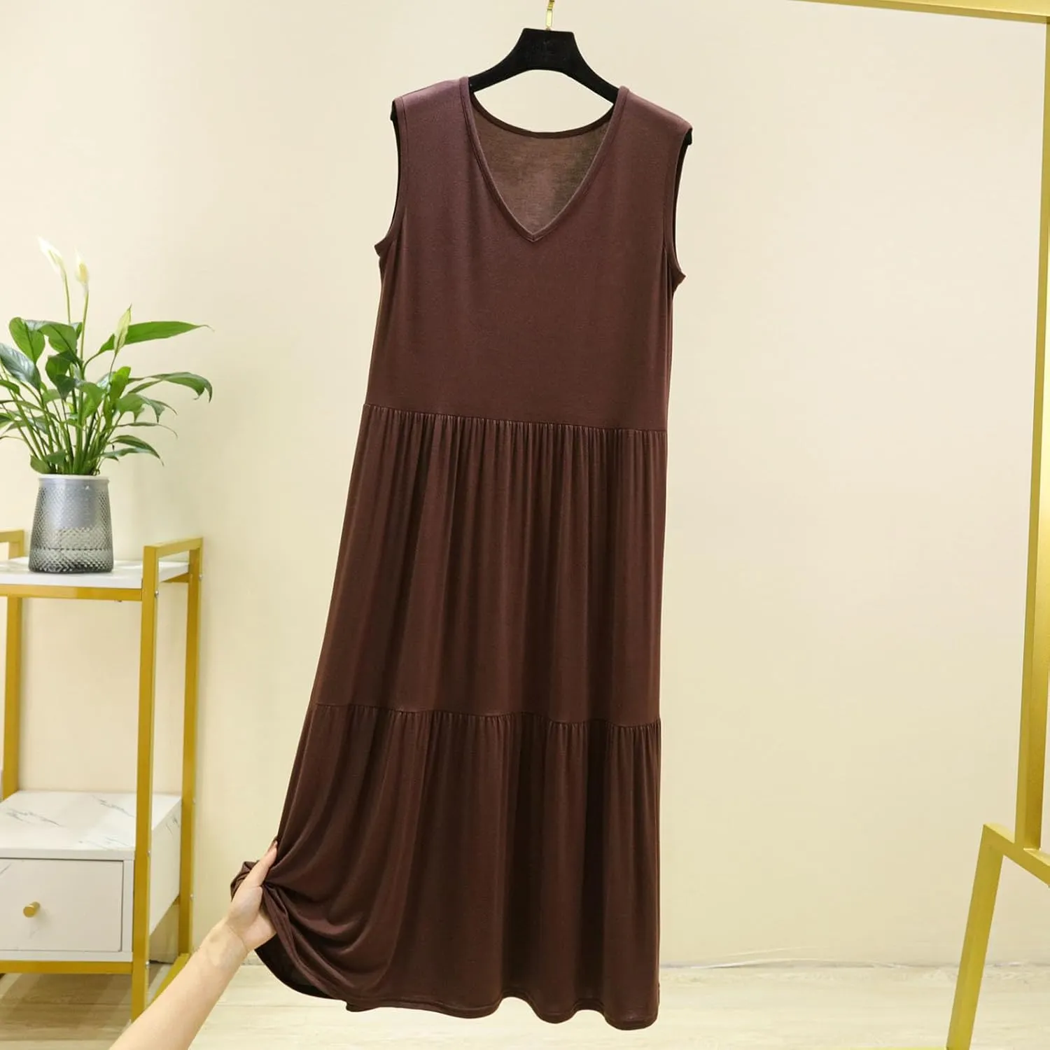 LEMONONSTORE 2025 Fashion Pleated Summer Dresses Women Sleeveless Cotton Linen Maxi Dress Plain V Neck Casual Beach Sundress