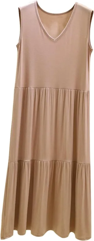 LEMONONSTORE 2025 Fashion Pleated Summer Dresses Women Sleeveless Cotton Linen Maxi Dress Plain V Neck Casual Beach Sundress