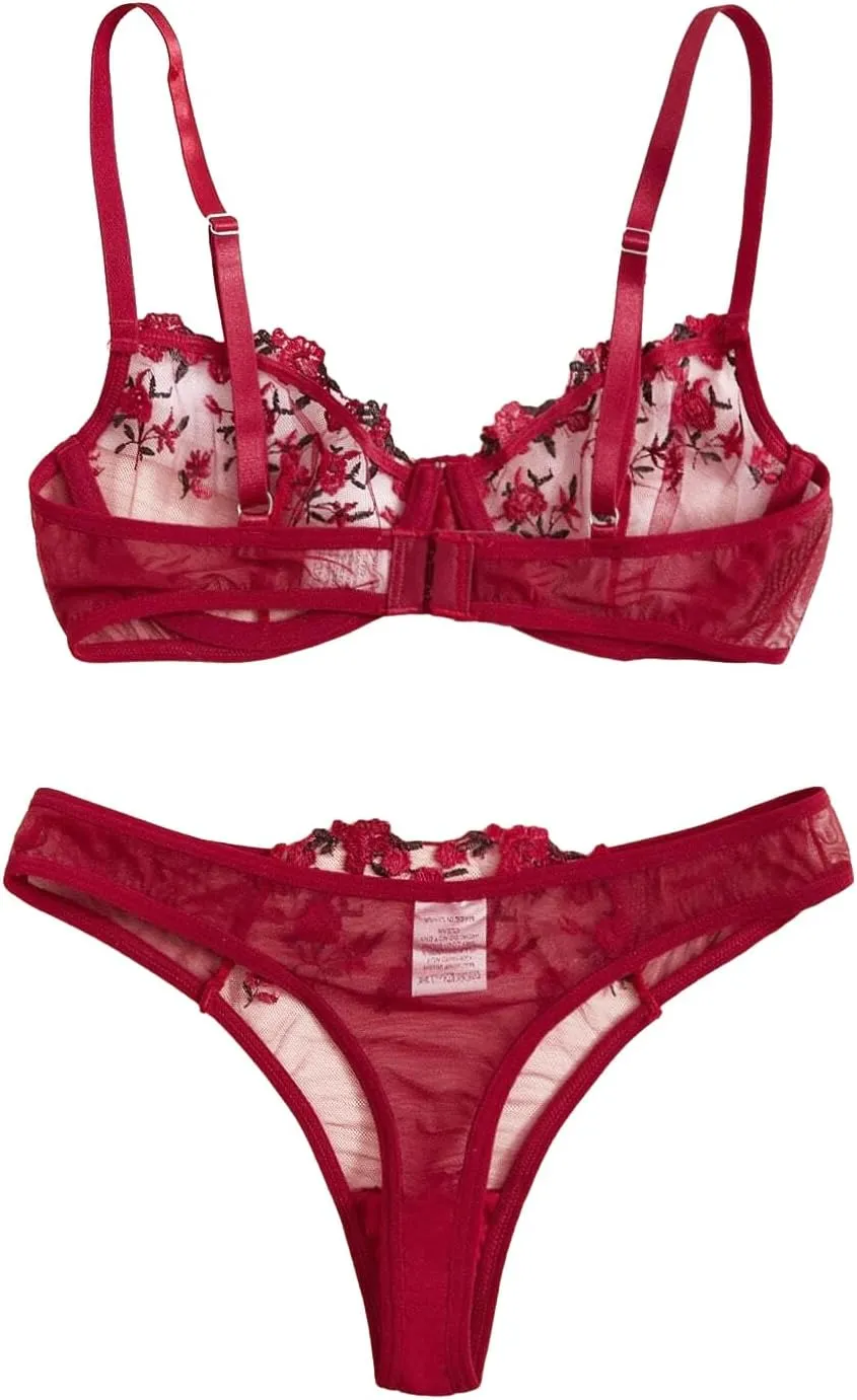 Lilosy Sexy Floral Embroidered Flower Mesh Underwire Push Up Lingerie Set