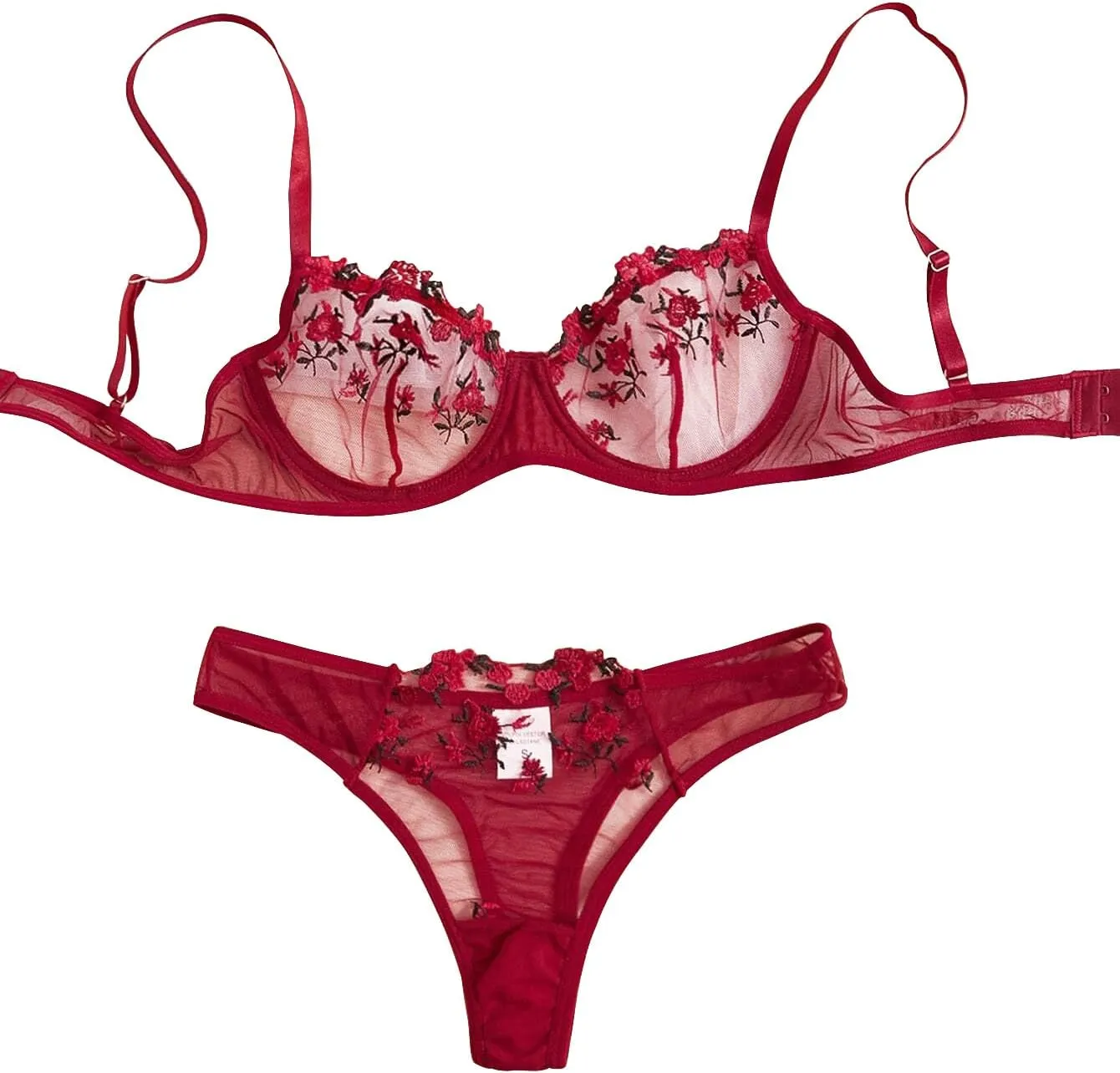 Lilosy Sexy Floral Embroidered Flower Mesh Underwire Push Up Lingerie Set