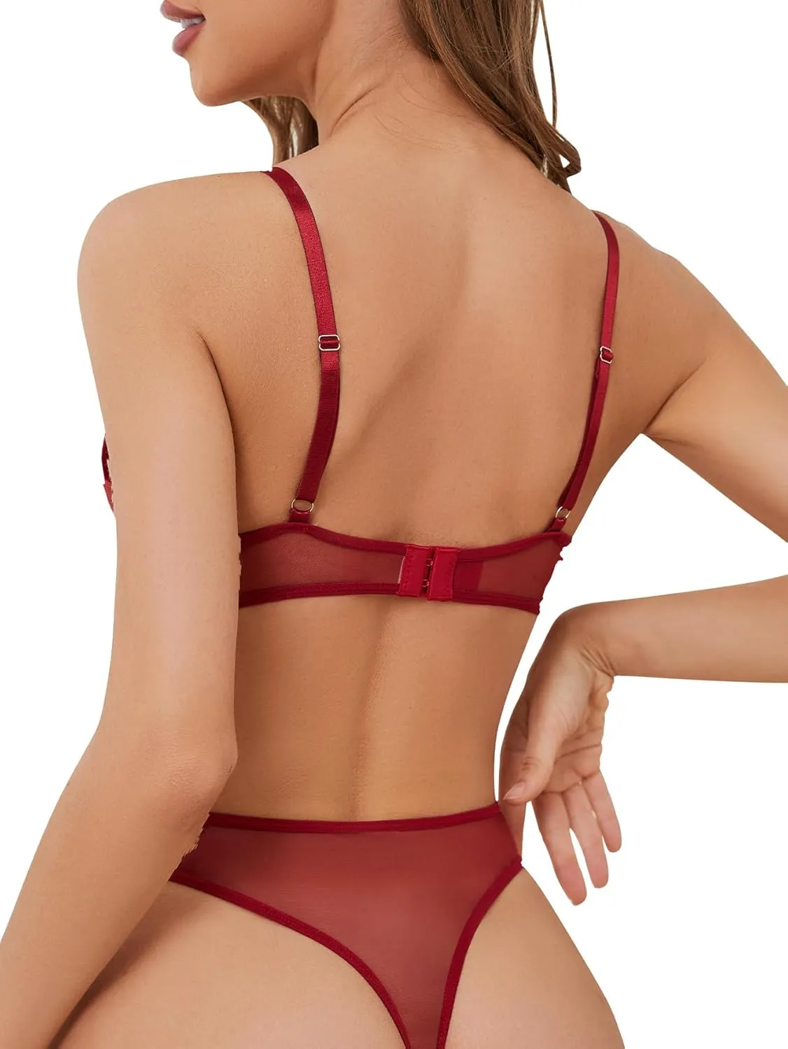 Lilosy Sexy Floral Embroidered Flower Mesh Underwire Push Up Lingerie Set