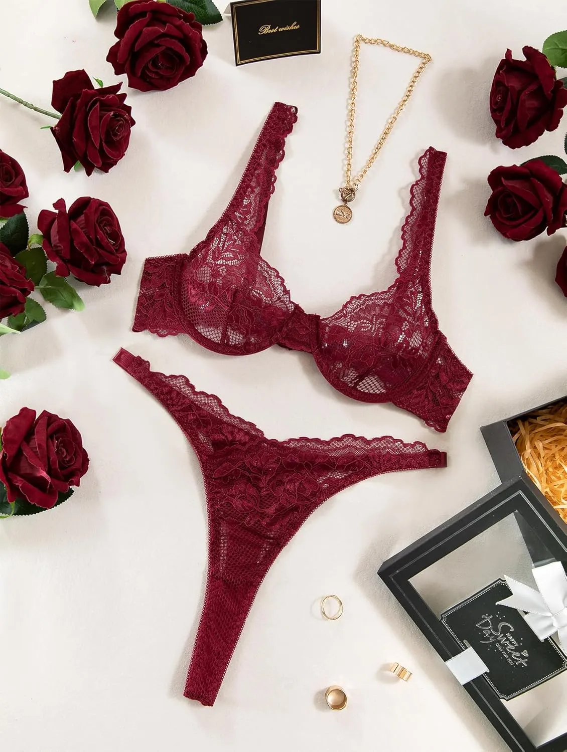 Lilosy Sexy Floral Lace Underwire Push Up Lingerie Set Outfits